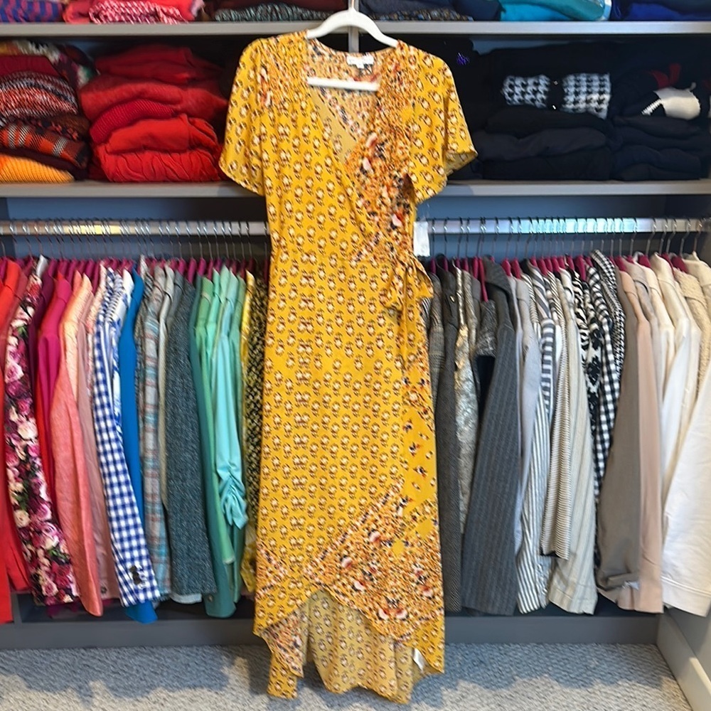 Spirit of Grace yellow/red/navy print short sleeve wrap maxi dress size XS NWT